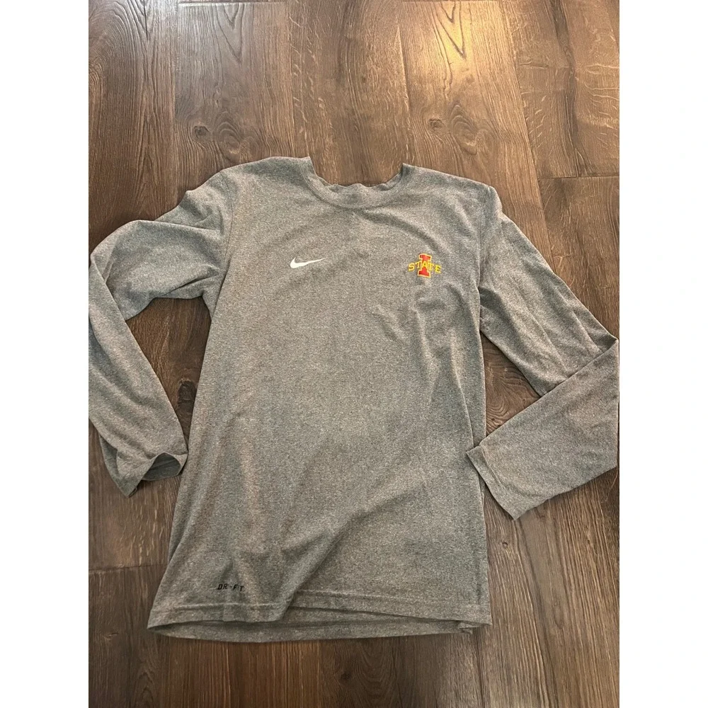 Nike Dri Fit Mens Size Small Long Sleeve Athletic Shirt Gray Athletic Logo‎